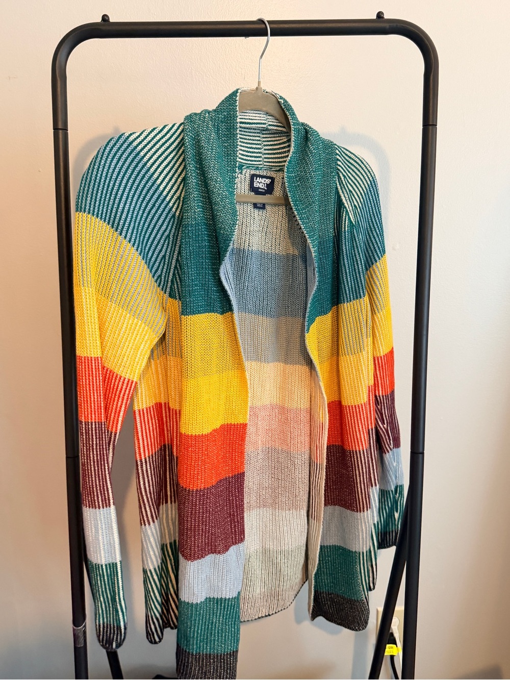 Lands' End Teal, Yellow, Red and Brown Striped Open Cardigan